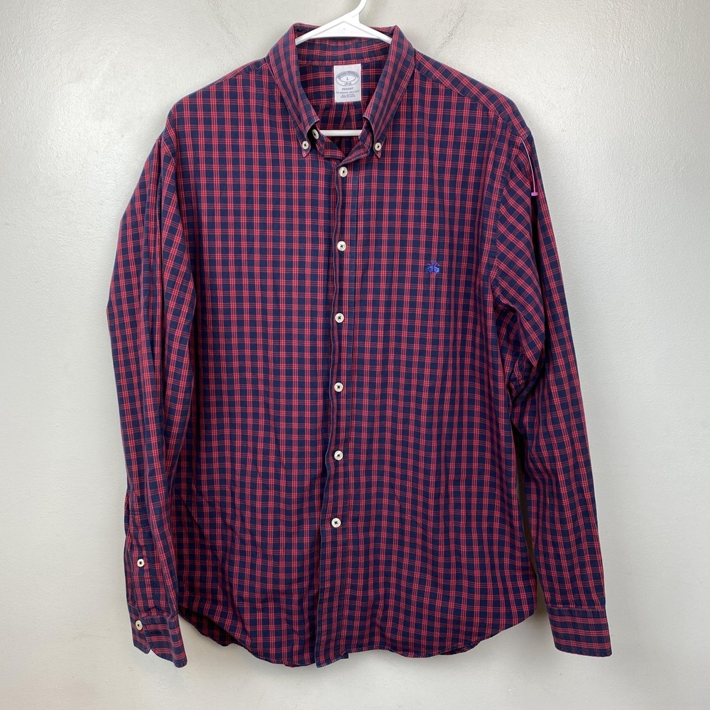 Brooks Brothers Shirt Mens Large Red Blue Plaid Regent 1818 Button‎ Down Cotton